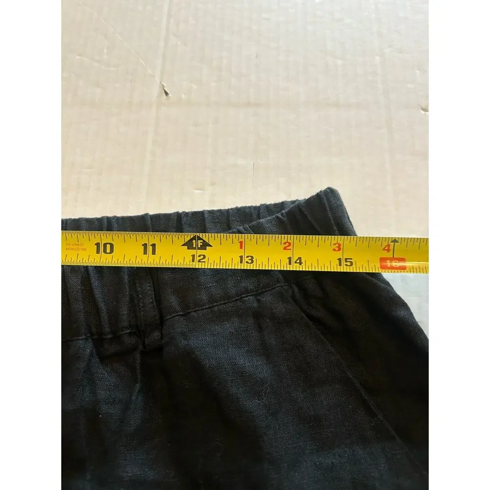 Quince Womens Sz Medium Black European Linen Pants Elastic Waist Cropped Coastal